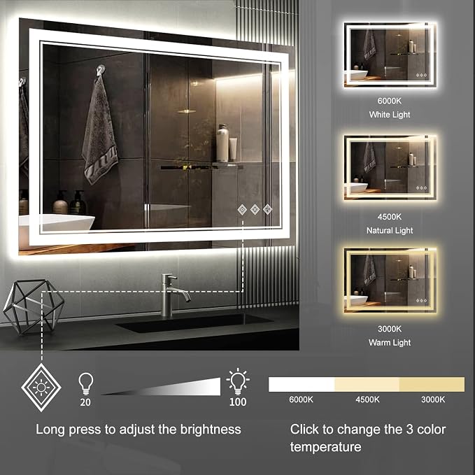 Lighted Bathroom Mirror, 40x30 Inch Gradient Front and Backlit LED Bathroom Mirror, 3 Colors Dimmable CRI>90 Double Lights, Enhanced Anti-Fog, Hanging Plates Wall Mount LED Mirror