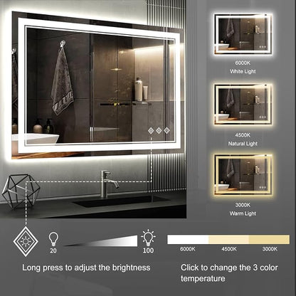 Lighted Bathroom Mirror, 40x30 Inch Gradient Front and Backlit LED Bathroom Mirror, 3 Colors Dimmable CRI>90 Double Lights, Enhanced Anti-Fog, Hanging Plates Wall Mount LED Mirror