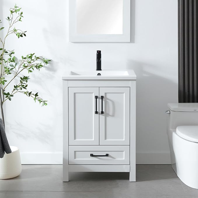LUCKWIND 24" Bathroom Vanity and Sink Combos, Modern Bathroom Storage Painted Cabinet with Undercounter Ceramic Single Sink Top, Matte Black Faucet and Drawer, Mirror Not Included, White