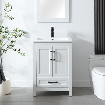 LUCKWIND 24" Bathroom Vanity and Sink Combos, Modern Bathroom Storage Painted Cabinet with Undercounter Ceramic Single Sink Top, Matte Black Faucet and Drawer, Mirror Not Included, White