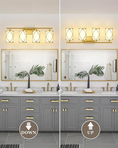 4-Light Brushed Gold Bathroom Light Fixtures with Milk Frosted Glass, 29" Modern Bathroom Vanity Lighting Fixtures Over Mirror with Metal Cage, Wall Sconce Lights for Bath, E26, CH9176BGW-4W