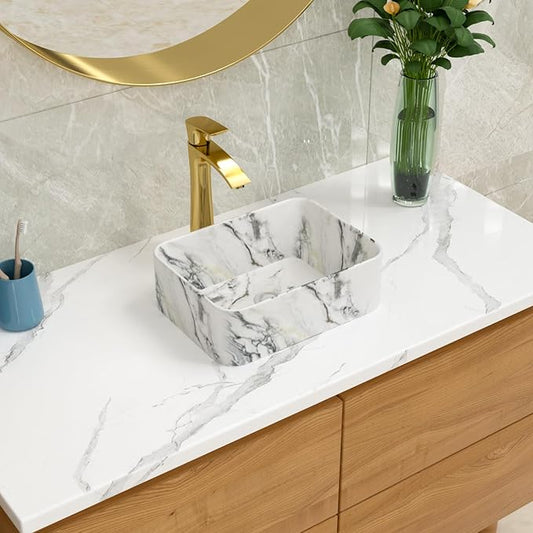 Lordear Bathroom Sink Above Counter 16"x12" Rectangle Vessel Sink Marble Porcelain Ceramic Vessel Sink, Rectrangular Above Counter Sink Art Basin