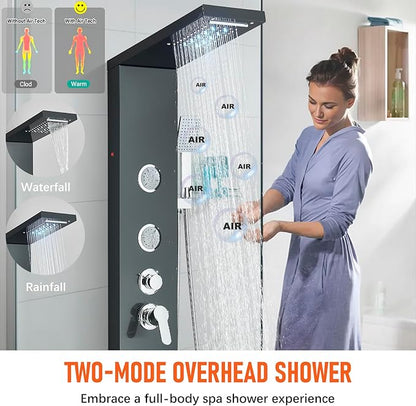 Fuz LED Shower Panel Tower System with Rainfall Waterfall Shower, Black Shower Tower with Jets and Rainfall and Handheld, 5 in 1 Stainless Steel Shower Column High Pressure with Tub Spout