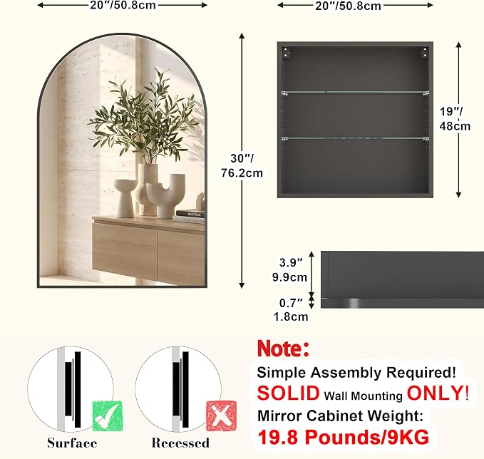 FKWin Medicine Cabinet Mirror for Bathrooms, Wall Mount Storage, 20x30 inch | Bathroom Mirror with Storage, Small Bathroom Solution, Adjustable Shelves, Reversible Door, Bathroom Upgrade, Black