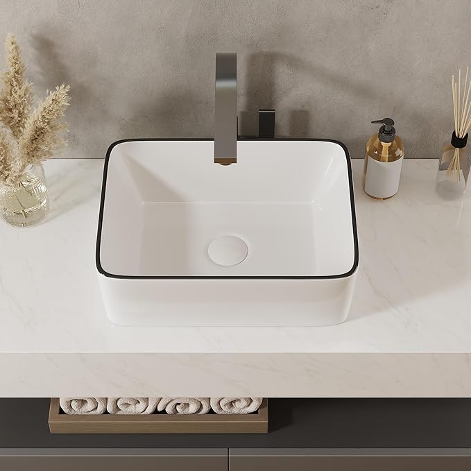 DeerValley Liberty 16x12 Inch Rectangular Vessel Sink, White Ceramic Bathroom Sink with Black Striped Border, Above Counter Basin, DV-1V0317