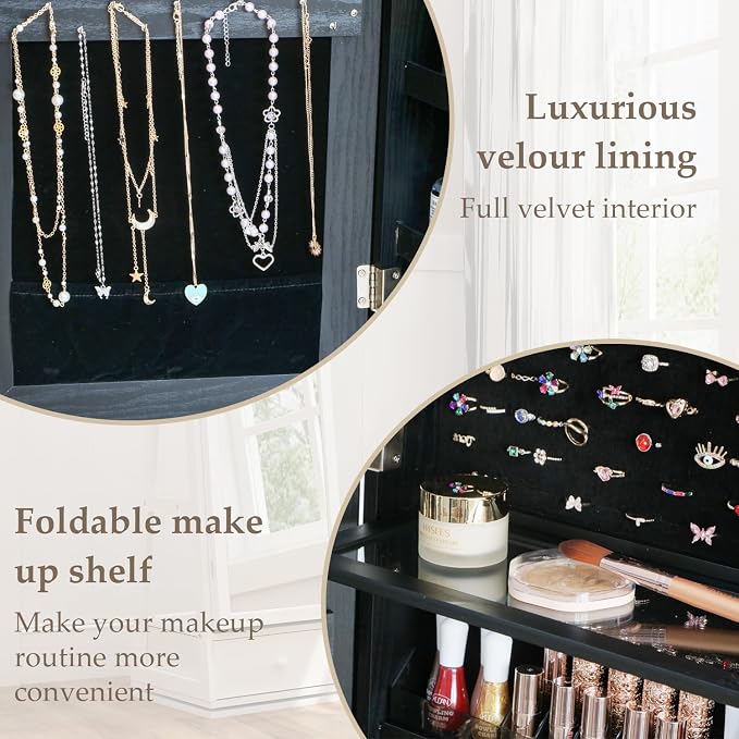 Full Length Jewelry Cabinet Standing With Built-In Mirror Jewelry Armoire With Mirror Drawers, Lockable Storage Mirror With Storage Racks Black