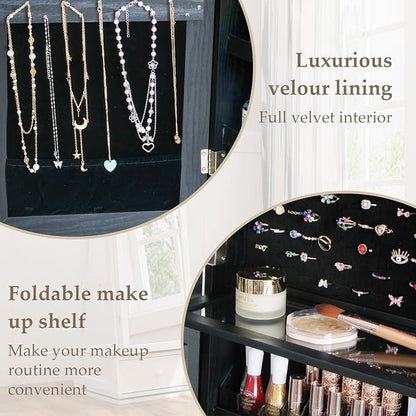 Full Length Jewelry Cabinet Standing With Built-In Mirror Jewelry Armoire With Mirror Drawers, Lockable Storage Mirror With Storage Racks Black