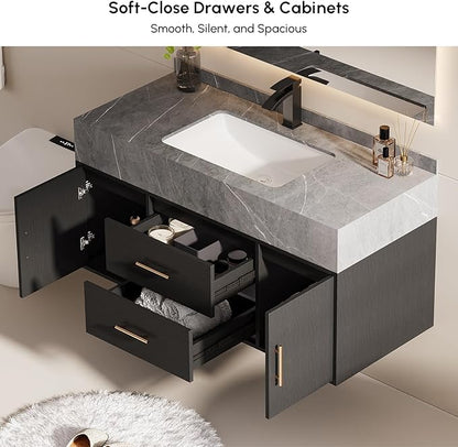 39.3" Floating Bathroom Vanity with Undermount Sink – Black Walnut & Gold, Sintered Stone Countertop, Soft-Close Drawers, Space-Saving Wall-Mount Design Ideal for Modern Bathrooms