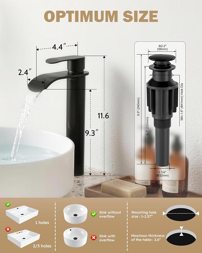 Vessel Sink Faucet Black for Bathroom：WOWOW Single Handle Tall Bathroom Faucet - Waterfall Single Hole Mixer Bar Tap with Large Rectangular Spout, Deck Mount Lavatory Vanity with Pop Up Drain