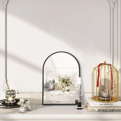 Black Arched Mirror, Modern Bathroom Wall Mirror Aluminum Alloy Framed Mirror Brushed Metal Vanity Wall Mounted Mirror for Livingroom Bedroom Entryway Room 16"x12"