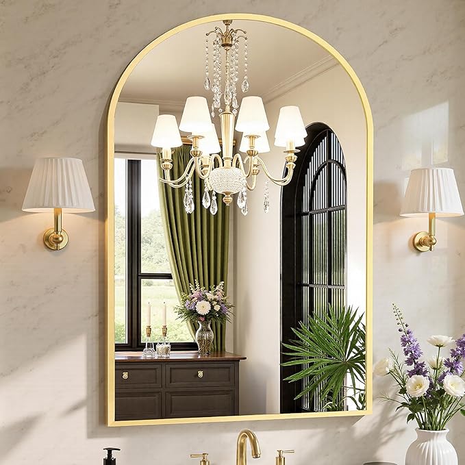 Sweetcrispy 30x40 Bathroom Mirrors for Wall, Arched Mirror for Over Sink | Metal Framed HD Shatter-Proof Glass, Decor Wall Mirror for Entryway, Living Room, Bedroom, Gold