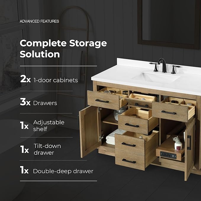 OVE Decors Bailey 48 in. Single Sink Freestanding Driftwood Oak Bathroom Vanity with White Quartz Top, Matching Backsplash and Power Bar
