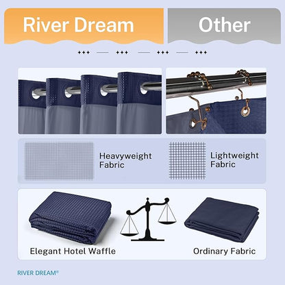 River Dream Heavyweight Waffle No Hook Shower Curtain with Liner,Navy,71x86 | Dotted Waffle,Snap-in Liner,Heavy Duty,Quick Dry,Mesh Top Window,With Bottom Magnets,Hotel-Grade,Washable,Extra Long Size