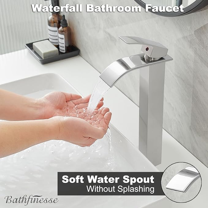 Waterfall Bathroom Faucet Brushed Nickel Stainless Steel Vessel Sink Faucet | Single Handle One Hole Deck Mount,Bowl Vanity Sink Faucet,with Pop-up Drain Stopper and Supply Hose,Lead-Free by Bathfinesse