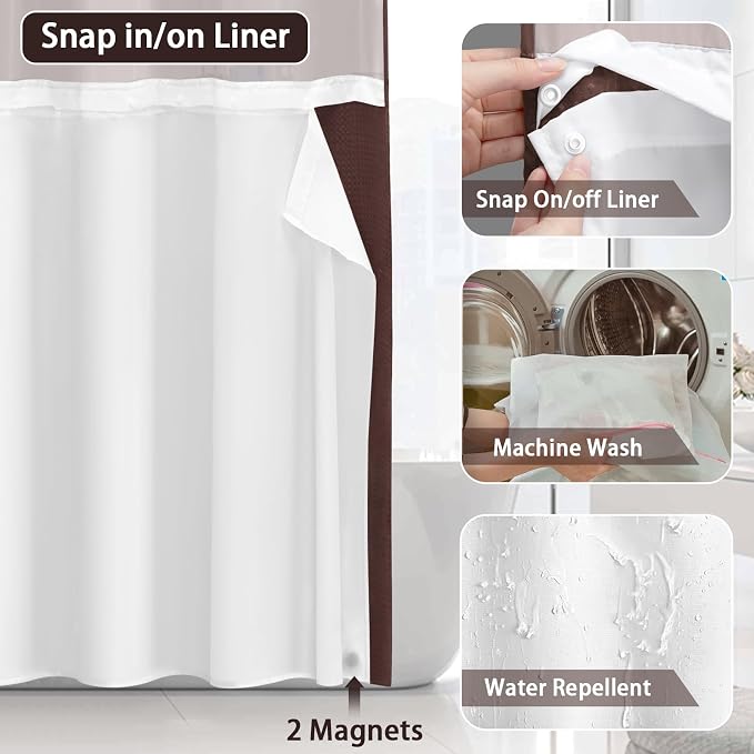 No Hook Shower Curtain and Liner Set,Brown Hotel Waffle Shower Curtain with Liner 75" L x 72" W