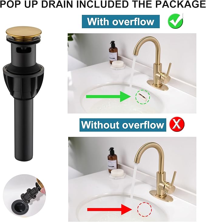 Gold Bathroom Faucets with Pop-Up Drain, Modern Single Hole Bathroom Sink Faucet with Deck Plate Single Handle Lavatory Faucets Brushed Gold Bar Vanity Faucet