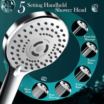 12 Inch Rain Shower Head Combo,5 Spray Handheld with 16" Extension Arm | High Pressure Rainfall Showerhead with Flexible Adjustment of Height/ Angle Upgraded Extender Arm, Anti-leak (Chrome)