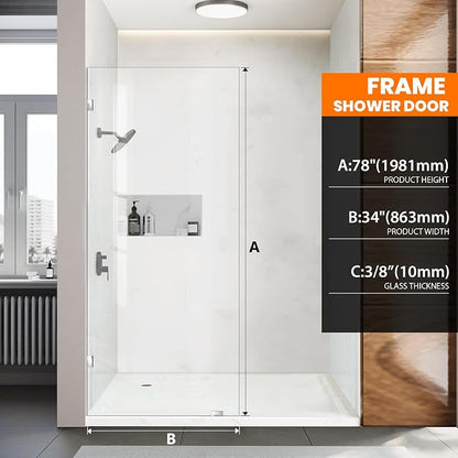 Bathroom Shower Glass Door 34" W×78.75" H, 3/8"(10mm) Thick Clear Tempered Glass Panel with Clamps, Fixed Frameless Waterproof Shower Door, Chrome