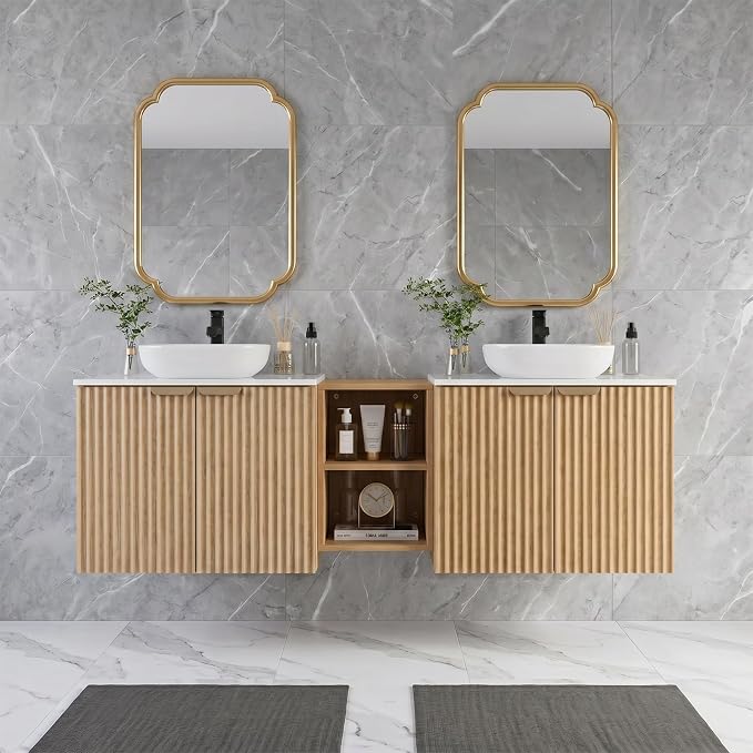60 Inch Floating Bathroom Vanity with Double Sink, Bathroom Double Sink Cabinet with Soft Close Door Waterproof Storage, Wood Color