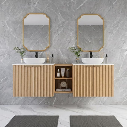 60 Inch Floating Bathroom Vanity with Double Sink, Bathroom Double Sink Cabinet with Soft Close Door Waterproof Storage, Wood Color