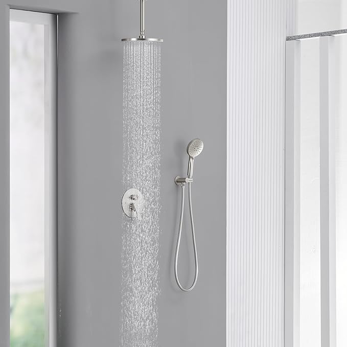 Iriber Shower System Ceiling Mounted Shower Faucet Mixer Set with Luxury High Pressure Shower head and 3-Setting Handheld, Bathroom Shower Trim Kit Contain Pressure Balance Valve,Brushed Nickel