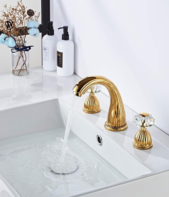 Bathroom Sink Faucet 3 Hole Deck Mounted Widespread Brass Bathroom Faucet Crystal Handle Mixer Tap,Gold(Ti-PVD)