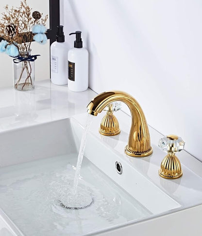 Bathroom Sink Faucet 3 Hole Deck Mounted Widespread Brass Bathroom Faucet Crystal Handle Mixer Tap,Gold(Ti-PVD)