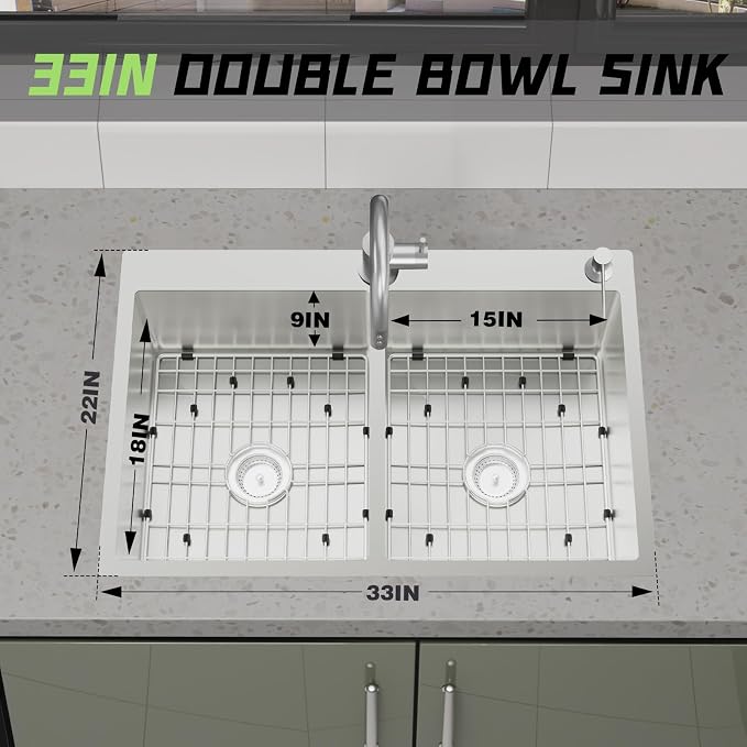 33x22In Drop-in Kitchen Sink, Stainless Steel,50/50 Equal Double Bowl | Modern Topmount Kitchen Sink Combo, Include SS Grid,Silicon Mat,Drain Assembly Set, Compatibility With Various Kitchen Style