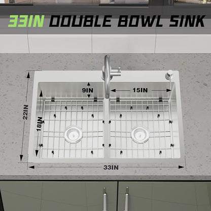 33x22In Drop-in Kitchen Sink, Stainless Steel,50/50 Equal Double Bowl | Modern Topmount Kitchen Sink Combo, Include SS Grid,Silicon Mat,Drain Assembly Set, Compatibility With Various Kitchen Style