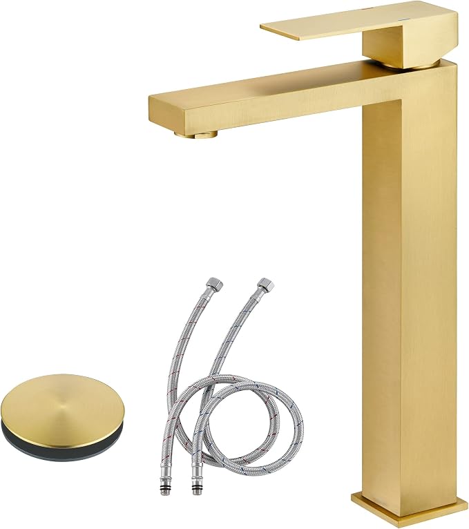 Tohlar Gold Bathroom Faucet, Single Hole Vanity Sink Faucet with Drain | Brushed Gold Bathroom Sink Faucet, Single Handle Faucet with Pop Up Drain and Water Supply Lines, Stainless Steel