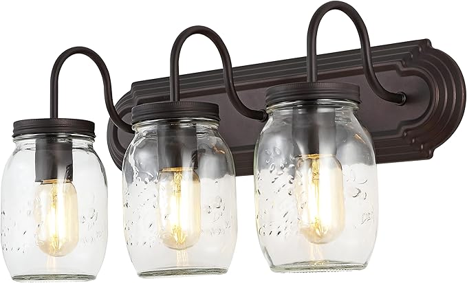 JONATHAN Y 19.3" Oil Rubbed Bronze 3-Light Iron and Glass Mason Jar Vanity Light, Farmhouse Industrial Rustic Wall Sconce for Bathroom, UL Listed, LED Bulbs Included JYL7801A