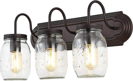 JONATHAN Y 19.3" Oil Rubbed Bronze 3-Light Iron and Glass Mason Jar Vanity Light, Farmhouse Industrial Rustic Wall Sconce for Bathroom, UL Listed, LED Bulbs Included JYL7801A