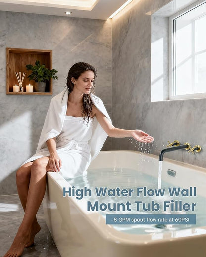 ARCORA Wall Mount Tub Filler: Black and Gold Bathtub Faucet Long Spout Reach 2 Cross Handles Tub Faucet with Brass Rough in Valve Included