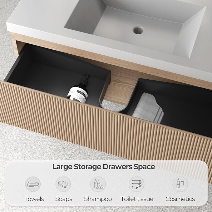 36 Inch Floating Bathroom Vanity with Sink, Wall-Mounted Striped Storage Cabinet with Soft-Close Drawer, Glossy White Solid Surface Basin, Fully Assembled, Natural Oak Finish