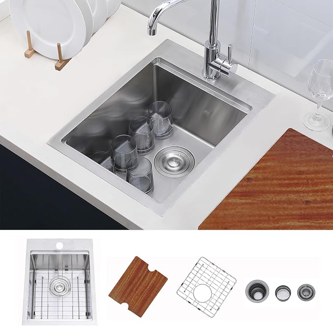 HOTIS Drop In Bar Sink, 15 x 20 Inch Small Kitchen Sink, 304 Stainless Steel Topmount Workstation Sinks, Handmade 16 Gauge Single Bowl Kitchen Sinks with Dish Grid & Drain and Cutting Board