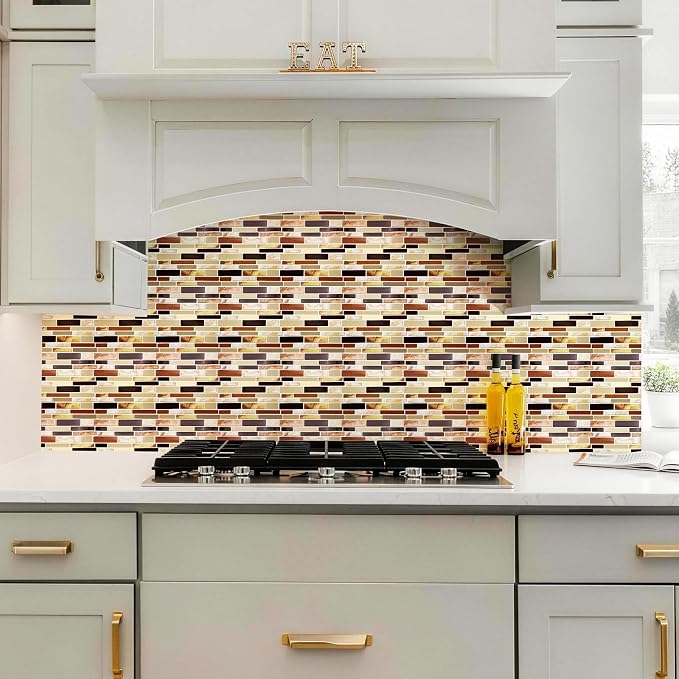 Joysticky 10-Sheet Peel and Stick Backsplash, 12" * 12" Crystal Texture Stick on Tiles Backsplash for Kitchen & Bathroom, Thicker Design Peel and Stick Wall Tiles (Coffee Gold)