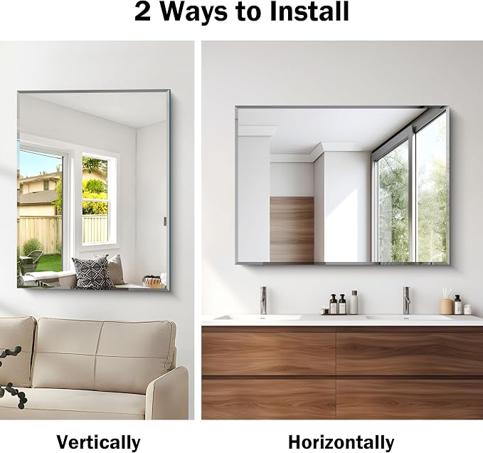 CILIBER Beveled Mirror, 30x40 Large Frameless Bathroom Mirrors for Wall, 3mm Tempered Glass Rectangle Vanity Mirror with Beveled Edge, Crystal-Clear, Hangs Horizontally or Vertically