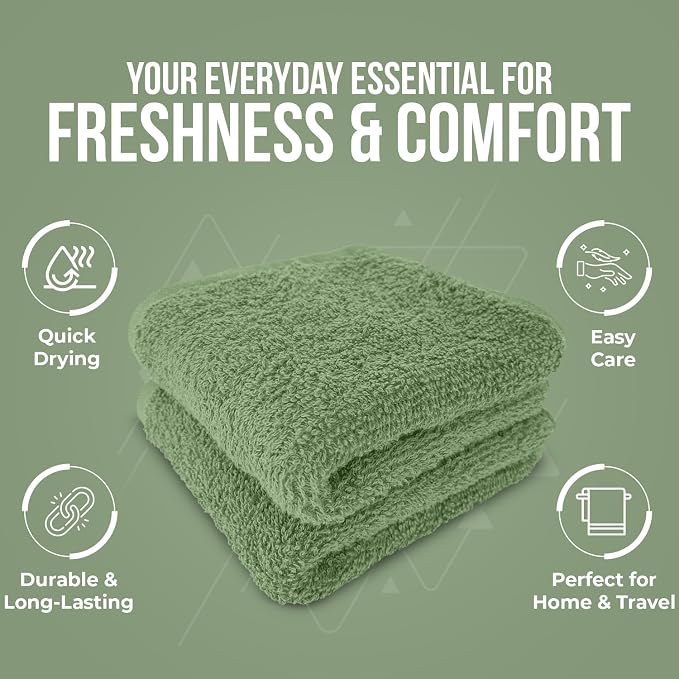 DAN RIVER 24 Pack Cotton Wash Cloths Set for Showering [12x12] Sage Green | Lighter Weight, Quick to Dry, Super Soft & Absorbent Face Towels, Hotel Quality, Perfect for Bathroom, Gym, Spa