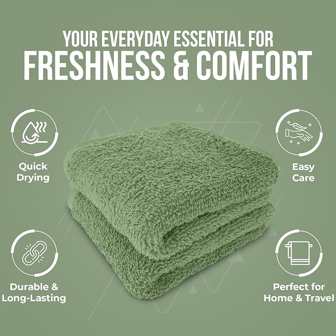 DAN RIVER 12 Pack Cotton Wash Cloths Set for Showering [12x12] Sage Green | Lighter Weight, Quick to Dry, Super Soft & Absorbent Face Towels, Hotel Quality, Perfect for Bathroom, Gym, Spa