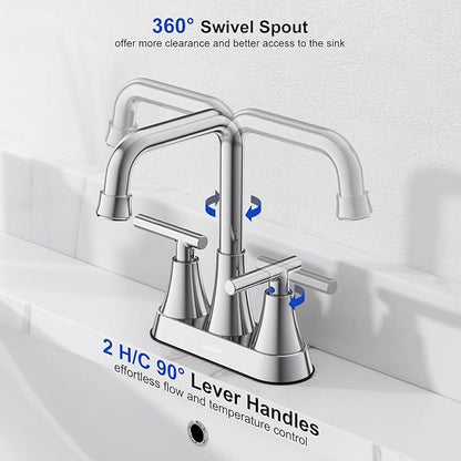 Bathroom Sink Faucet, Hurran 4 inch Chrome Bathroom Faucets for Sink 3 Hole with Pop-up Drain and Supply Lines, Stainless Steel 2-Handle Centerset Faucet for Bathroom Sink Vanity RV Restroom