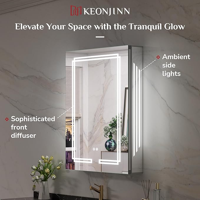 Keonjinn 36 x 32 Inch Lighted Medicine Cabinet, Large Medicine Cabinet with LED Bathroom Mirror, Tempered Glass, Adjustable Shelves, Double Doors, 3 Color Temperature, Anti-Fog, Surface Mount Only