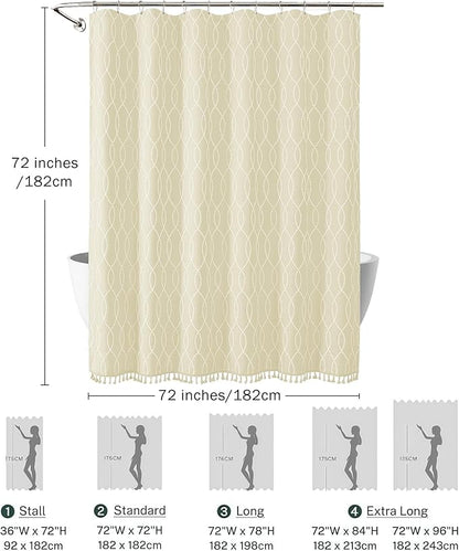 OVZME Light Beige Shower Curtain for Bathroom, Puff Printed Textured Shower Curtain with Tassels, Rustic Geometry Heavy Duty Vintage Country Bathroom Curtain, Water Resistant Fabric, 72Wx72L Inches