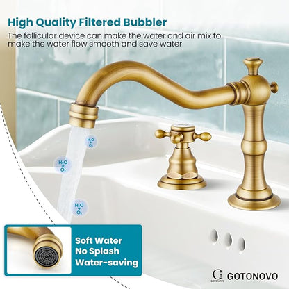 gotonovo Bathroom Faucet 3 Hole 8 Inch Widespread Bathroom Sink Faucet 2 Cross Handles Vintage Lavatory Vanity Mixer Tap with Pop Up Drain, HOT Cold Label, Antique Brass