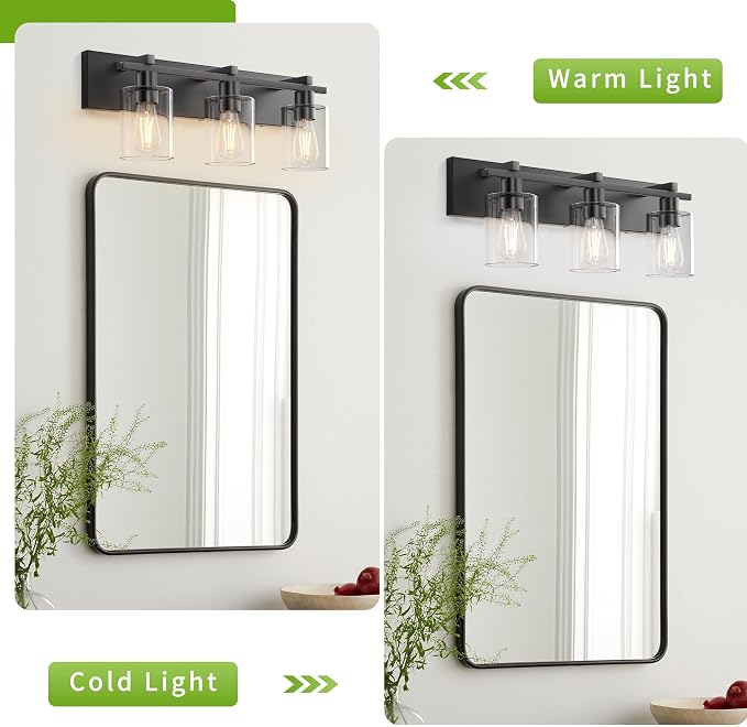 Bathroom Vanity Light,3 Light Matte Black Vanity Light with Thickened Clear Glass Shade, 21 inch Dimmable Modern Wall Sconce, Bathrooms Light Fixture Over Mirror for Bathroom