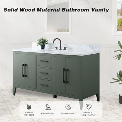 HomeBeyond 60 Inch Bathroom Vanity with Sink & Ceramic Top, Single Vanity Cabinet with Basin, Soft-Closing Doors & Matte Black Hardware, Vintage Green