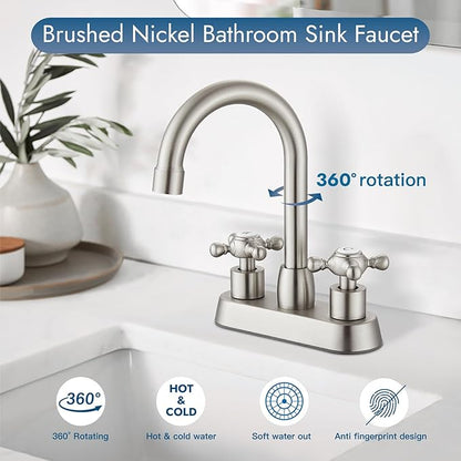 4 Inch Centerset Bathroom Faucets Double Cross Handle Bathroom Sink Faucet Deck Mounted Vintage RV Farmhouse Vanity Basin Mixer Tap with Pop up Drain,Brushed Nickel