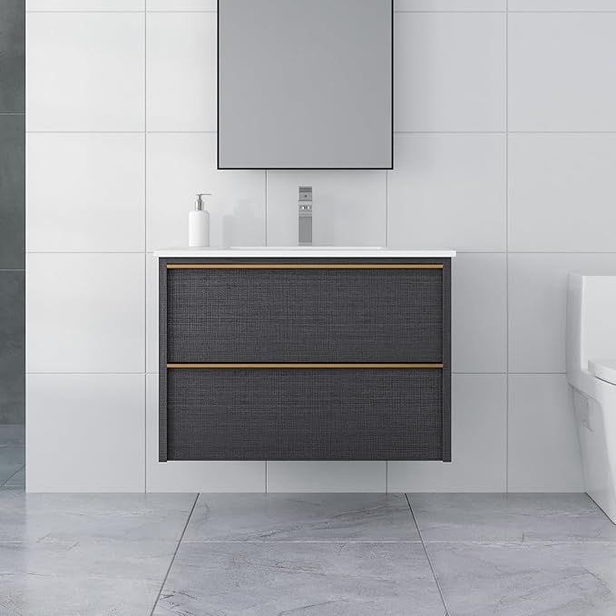 30 Inch Bathroom Vanity with Sink, Floating Vanity Bathroom, Modern Wall Mount Bathroom Cabinet, Double Drawers, Gold Handle, Suitable for All Kinds of bathrooms (with Sink, 30")