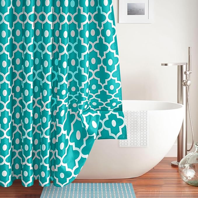Fabric Modern Extra Long Shower Curtains for Bathroom-Turquoise and White | 72"W x 84"L Textured Faux Linen Elegant Classic Moroccan Bath Decor-Hotel Quality Transitional Washable & Breathable Cloth