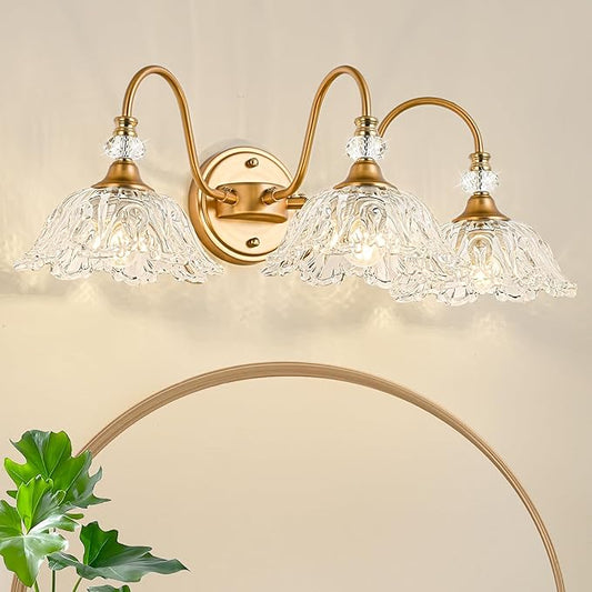 Vintage Bathroom Vanity Light, 3-Light Matte Brass Finish Vanity Light with Floral Clear Glass Shades, Retro Wall Sconce for Bathroom, Dressing Table