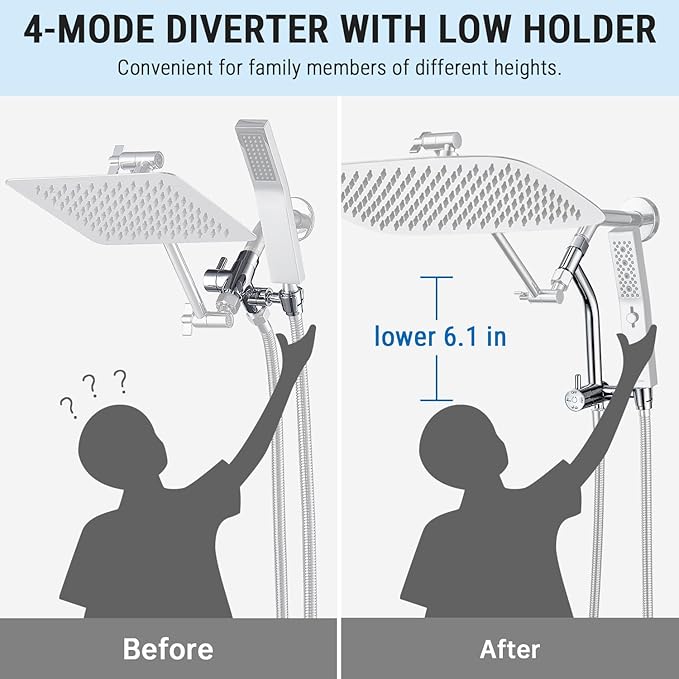 G-Promise 16 Inch All Metal Rain Shower Head with Handheld Spray (Chrome) | Suits Every Height, Pause Mode Diverter, Massage Mode Handheld, Full Body Coverage, Easy to Install, Modern Bath Upgrade